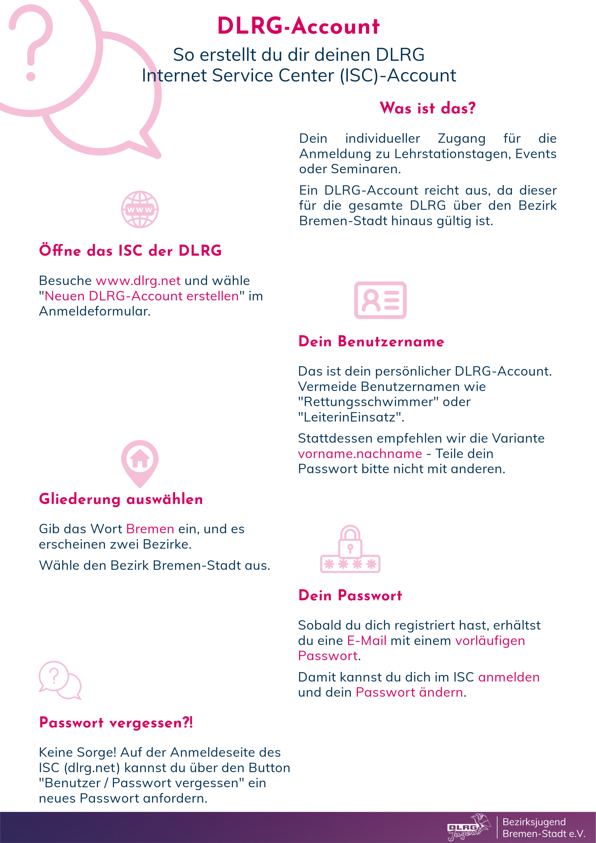 Das ist eine Anleitung wie ein DLRG-Account erstellt werden kann: 1. www.dlrg.net aufrufen und "Neuen DLRG Account anlegen" klicken. 2. Details eingeben, Benutzernamen nach Format "vorname.nachname" vergeben. 3. Gliederung "Bezirk Bremen-Stadt" suchen und wählen. 4. Nach Anmeldung und dem per Mail erhaltenen temporären Passwort ein neues Passwort vergeben